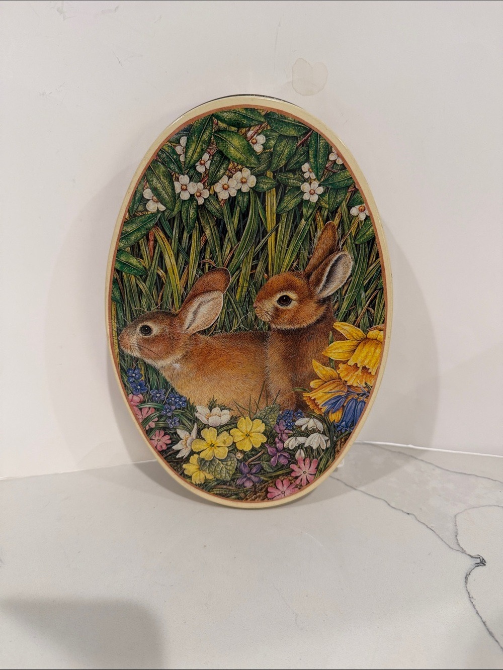Vintage Oval Floral Metal Tin featuring 2 Bunny Rabbits, Multiple Spring Flowers